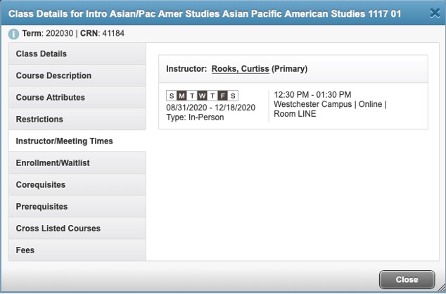 Instructor meeting times screen in Prowl