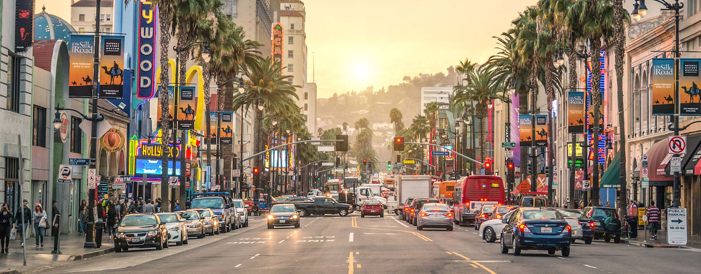 Hollywood street with buildings and cars