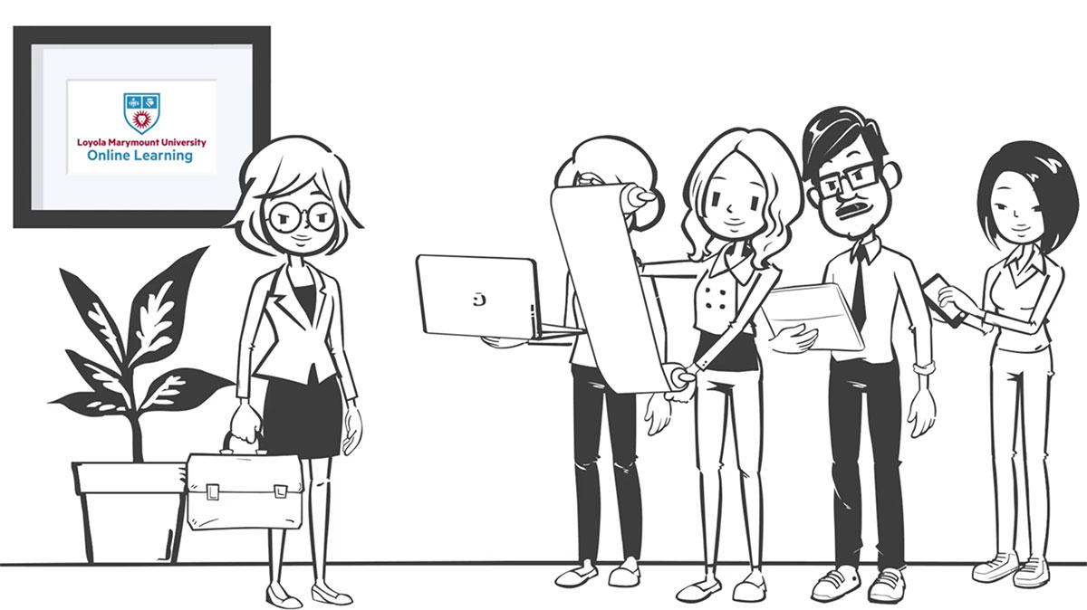 Illustration of several professionals using a laptop, tablet, smartphone, reading a document, and carrying a briefcase